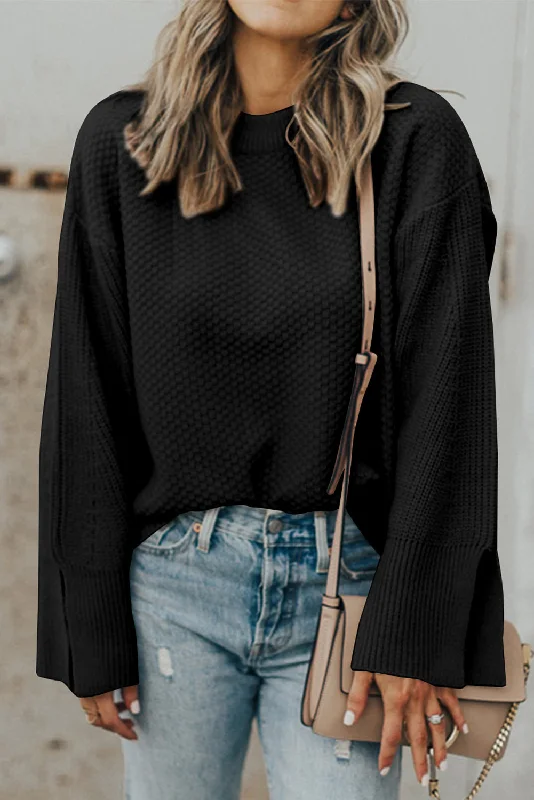 Men's stretch long sleeve denim shirts for a comfortable casual styleBlack Solid Textured Knit Split Cuff Drop Shoulder Loose Sweater Men's stretch long sleeve denim shirts for a comfortable casual styleBlack Solid Textured Knit Split Cuff Drop Shoulder Loose Sweater