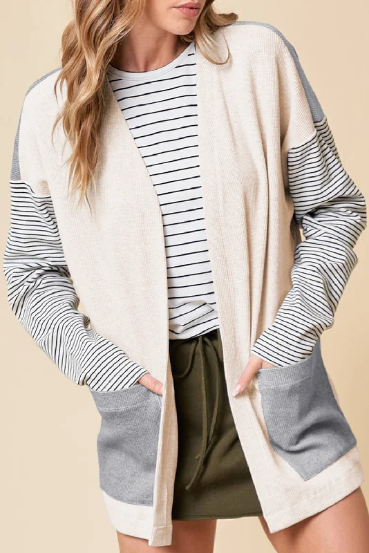 Men's long sleeve thermal shirts with thumbholes for extra warmthBlack Stripe Colorblock Patchwork Open Front Cardigan with Pocket