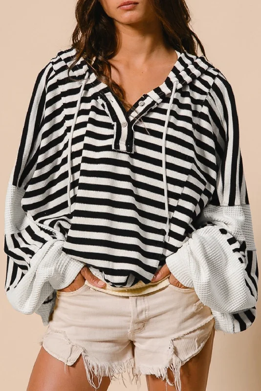 Men's long sleeve military - style utility shirts with multiple pocketsBlack white Oversized Striped Henley Buttons Dolman Sleeve Hooded Top
