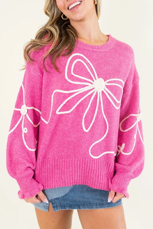 Men's oversized long sleeve graphic tees for a trendy streetwear lookBright Pink Corded Flower Bow Ribbed Trim Casual Sweater Men's oversized long sleeve graphic tees for a trendy streetwear lookBright Pink Corded Flower Bow Ribbed Trim Casual Sweater