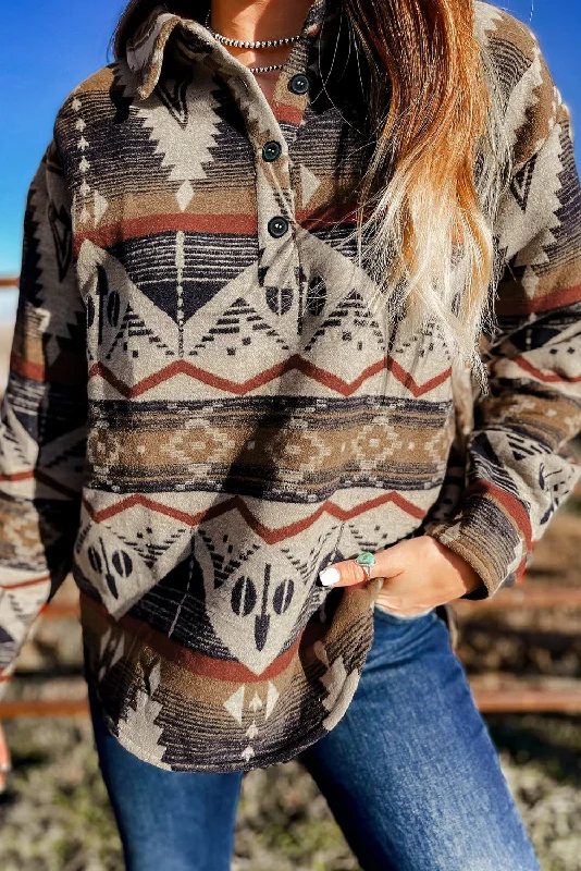 Men's stretch long sleeve denim shirts for a comfortable casual styleBrown Western Aztec Collared Button-up Sweatshirt