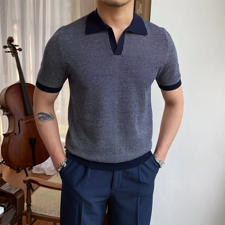 Men's color - block polo shirts with a bold fashion statementButtonless Honeycomb Contrast Knitted Polo