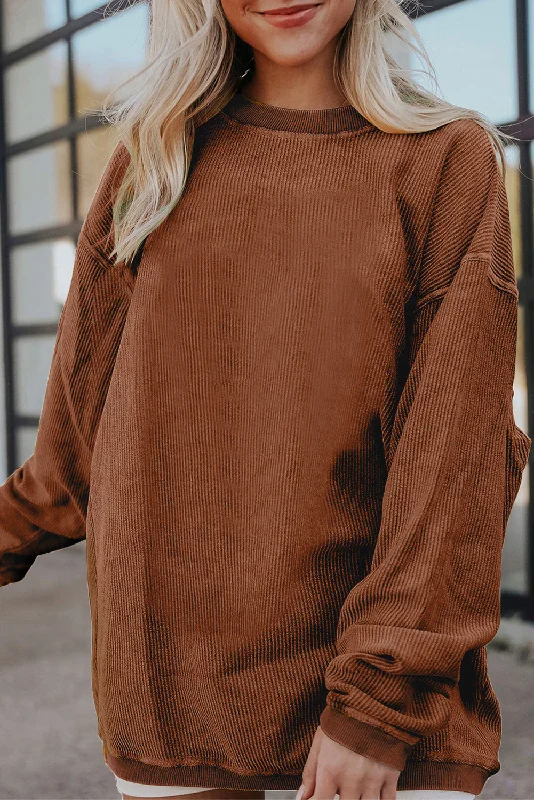 Men's anti - wrinkle long sleeve travel shirts for hassle - free tripsChestnut Ribbed Corduroy Oversized Sweatshirt