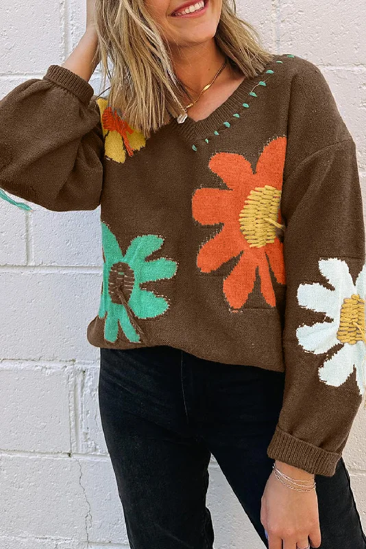 Men's long sleeve turtleneck sweaters in cashmere for a luxurious feelCoffee Big Flower Pattern V Neck Drop Shoulder Sweater Men's long sleeve turtleneck sweaters in cashmere for a luxurious feelCoffee Big Flower Pattern V Neck Drop Shoulder Sweater