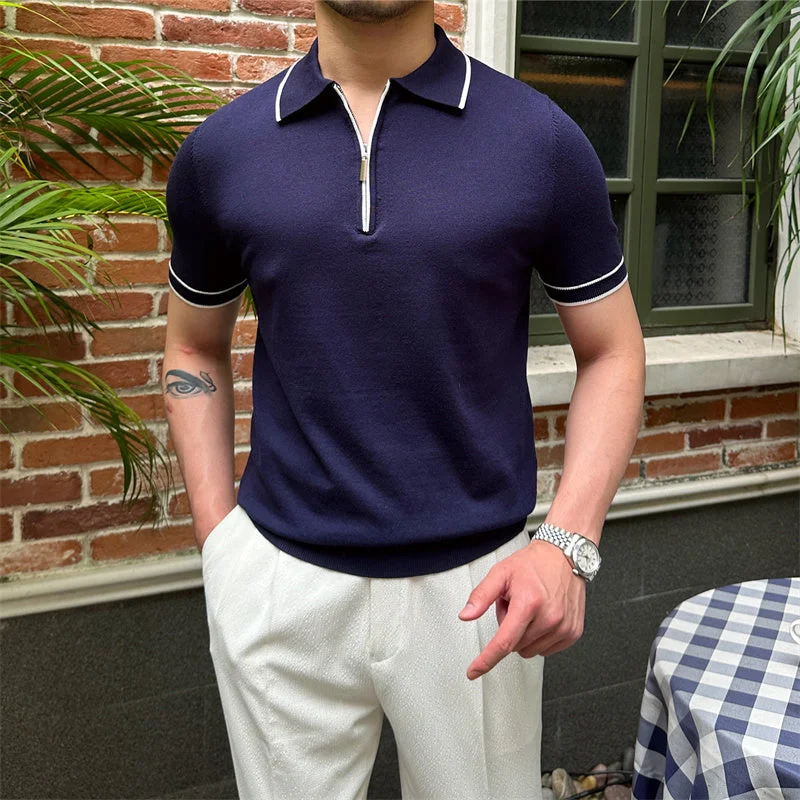 Men's lightweight performance polo shirts for tennis matchesContrast Yachting Knitted Zipper Polo Men's lightweight performance polo shirts for tennis matchesContrast Yachting Knitted Zipper Polo