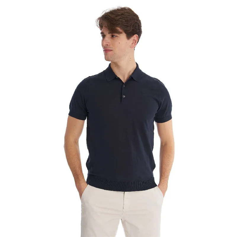Men's formal - style silk blend polo shirts for special occasionsDARK BLUE SHORT SLEEVE KNITTED POLO