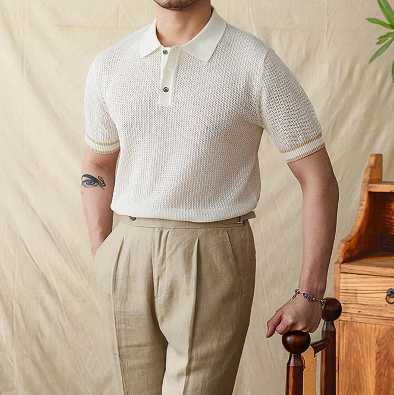 Men's budget - friendly basic polo shirts in multiple colorsDolce Contrast Crochet Knit Short Sleeve Polo Shirt Men's budget - friendly basic polo shirts in multiple colorsDolce Contrast Crochet Knit Short Sleeve Polo Shirt