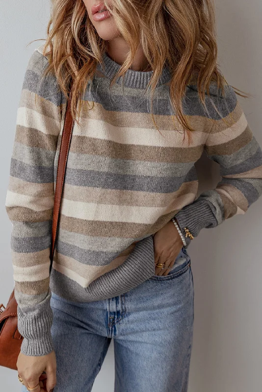 Men's stretch long sleeve denim shirts for a comfortable casual styleGray Stripe Color Block Ribbed Edge Round Neck Sweater Men's stretch long sleeve denim shirts for a comfortable casual styleGray Stripe Color Block Ribbed Edge Round Neck Sweater