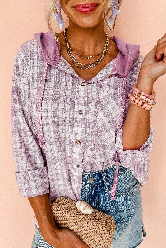 Men's long sleeve silk shirts in vibrant colors for a night outPink Checkered Print Loose Fit Buttoned Hooded Shacket Men's long sleeve silk shirts in vibrant colors for a night outPink Checkered Print Loose Fit Buttoned Hooded Shacket
