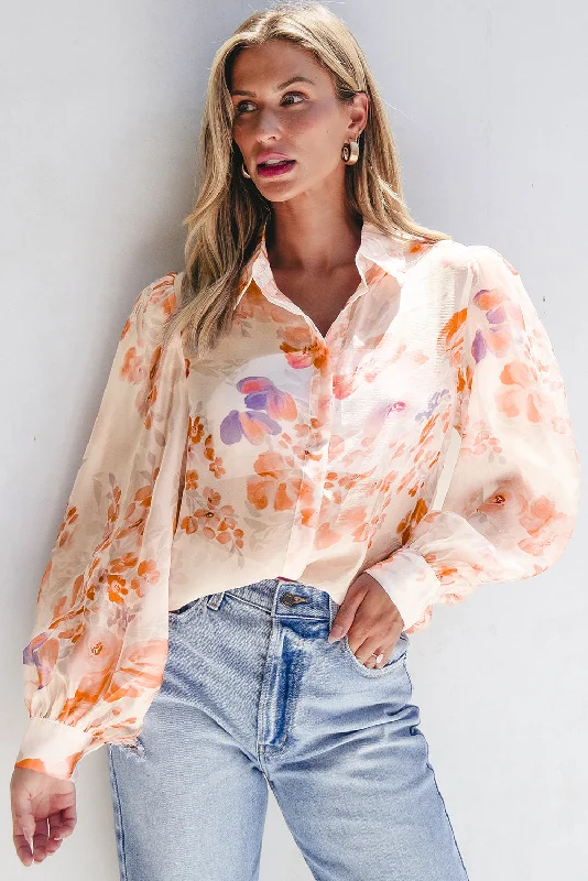 Men's lightweight long sleeve linen shirts for summer beach vacationsWhite Floral Print Collared Balloon Sleeve Loose Shirt Men's lightweight long sleeve linen shirts for summer beach vacationsWhite Floral Print Collared Balloon Sleeve Loose Shirt
