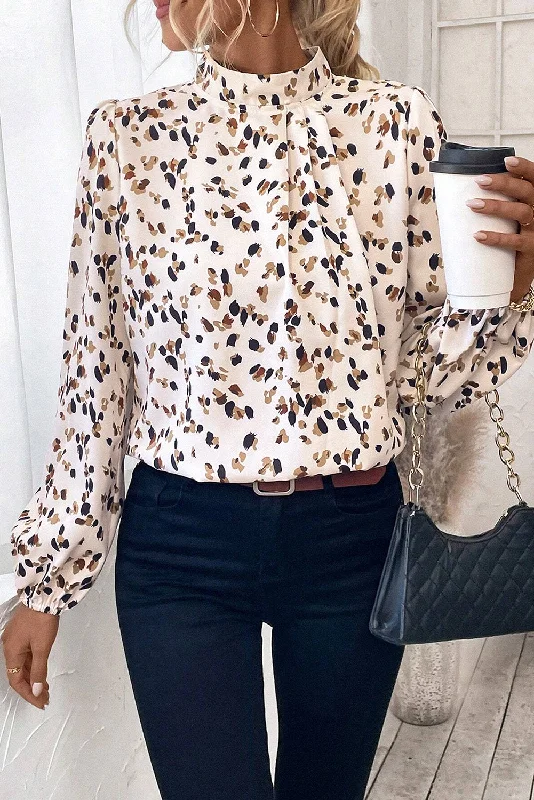 Men's waterproof long sleeve rain shirts for outdoor hiking in the rainWhite Leopard Print Lantern Sleeve Mock Neck Pleated Blouse Men's waterproof long sleeve rain shirts for outdoor hiking in the rainWhite Leopard Print Lantern Sleeve Mock Neck Pleated Blouse