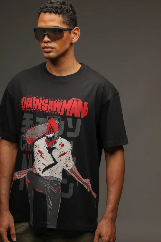 Men's eco - friendly recycled t - shirts for sustainable fashion choicesBlack Chainsaw man Oversized T-shirt Men's eco - friendly recycled t - shirts for sustainable fashion choicesBlack Chainsaw man Oversized T-shirt