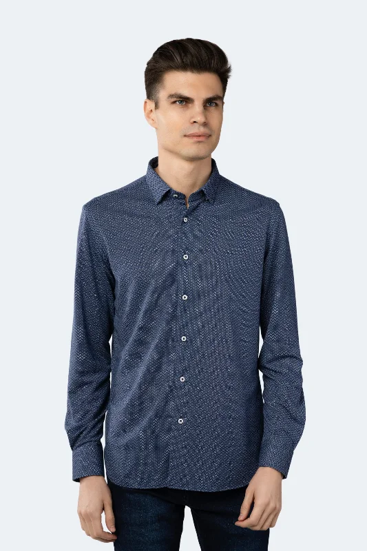 Men's button - front t - shirts with a unique artistic printBlue and White Boxed Rectangular Dots Shirt