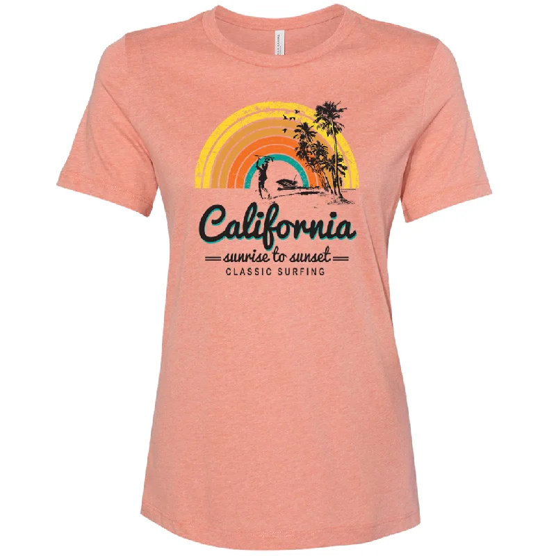 Men's button - front t - shirts with a unique artistic printCalifornia Classic Sunrise Surfing Women's Relaxed Jersey Tee Men's button - front t - shirts with a unique artistic printCalifornia Classic Sunrise Surfing Women's Relaxed Jersey Tee