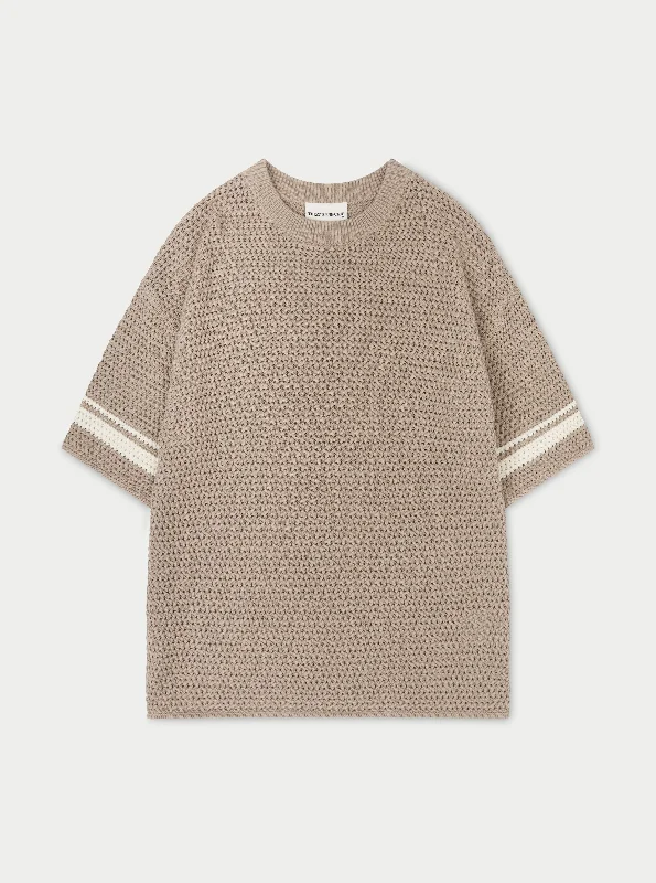 Men's mock - neck t - shirts with a modern and sleek styleCROCHET KNITTED CONTRAST STRIPE T-SHIRT - BROWN Men's mock - neck t - shirts with a modern and sleek styleCROCHET KNITTED CONTRAST STRIPE T-SHIRT - BROWN