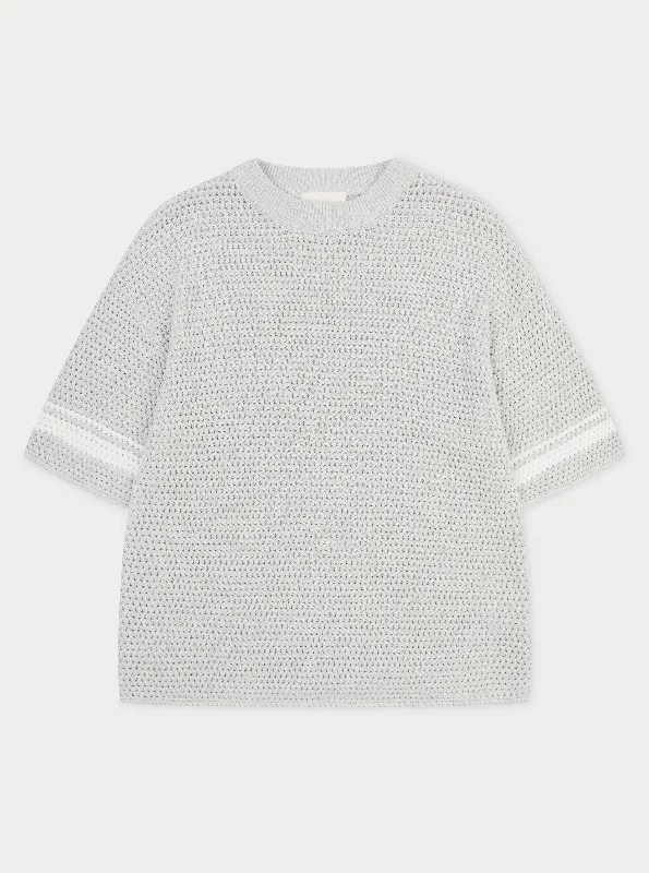 Men's distressed denim - look t - shirts with a rugged appealCROCHET KNITTED CONTRAST STRIPE T-SHIRT - GREY
