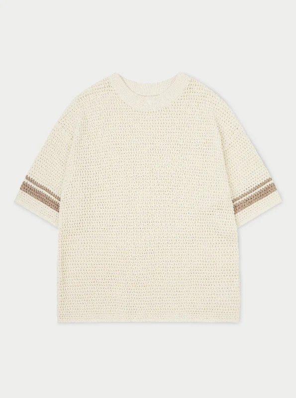 Men's organic cotton crew - neck t - shirts for everyday comfortCROCHET KNITTED CONTRAST STRIPE T-SHIRT - OFF WHITE Men's organic cotton crew - neck t - shirts for everyday comfortCROCHET KNITTED CONTRAST STRIPE T-SHIRT - OFF WHITE