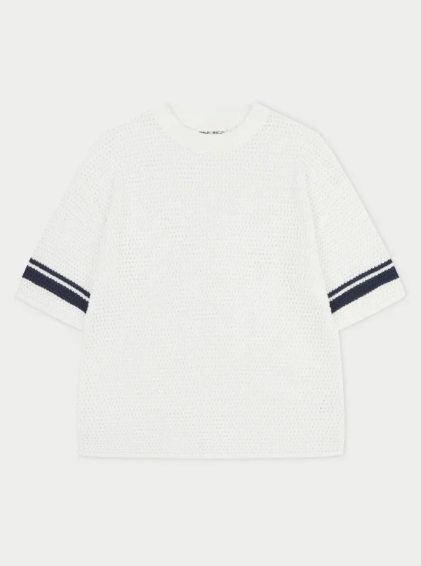 Men's moisture - wicking athletic t - shirts for intense workoutsCROCHET KNITTED CONTRAST STRIPE T-SHIRT - WHITE