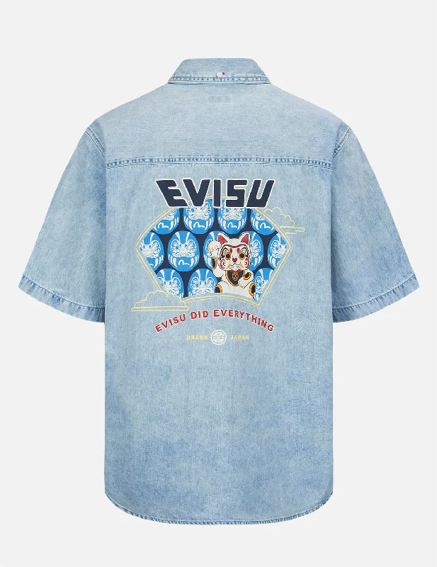 Men's lightweight performance t - shirts for running marathonsFortune Cat with Daruma Print Short-sleeve Denim Shirt Men's lightweight performance t - shirts for running marathonsFortune Cat with Daruma Print Short-sleeve Denim Shirt