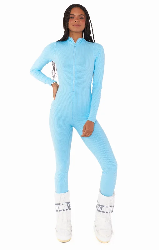 Overalls with a zip - front closure for easy on - off​Lodge Onesie ~ Powder Blue Rib Knit