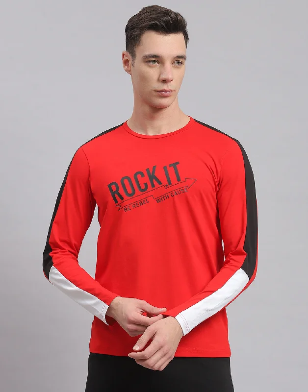 Men's slim - fit graphic t - shirts with vintage rock band printsMen Red Printed Round Neck Full Sleeve Active T-Shirt