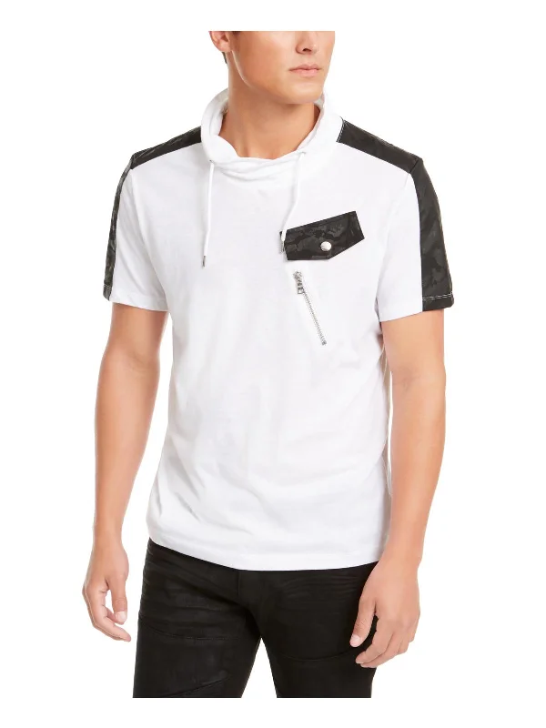 Men's distressed denim - look t - shirts with a rugged appealMens Faux Leather Trim Funnel Neck T-Shirt Men's distressed denim - look t - shirts with a rugged appealMens Faux Leather Trim Funnel Neck T-Shirt