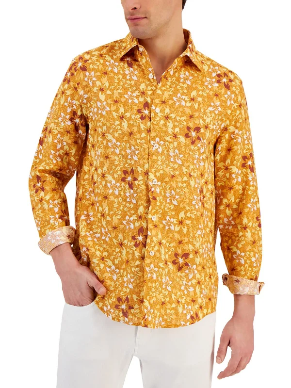 Men's plus - size pocket t - shirts with a classic lookMens Floral Collar Button-Down Shirt