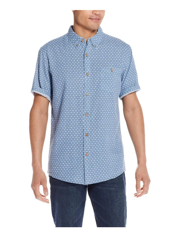Men's button - front t - shirts with a unique artistic printMens Geometric Linen Button-Down Shirt