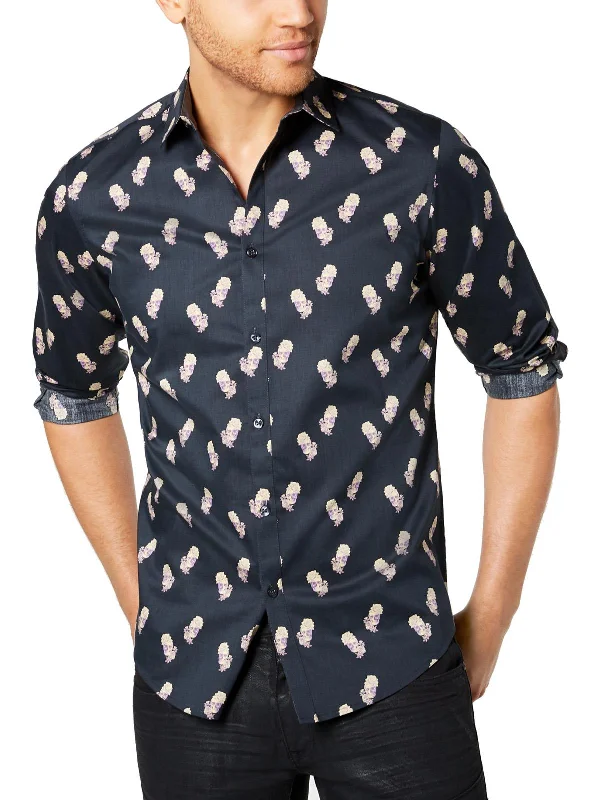 Men's slim - fit graphic t - shirts with vintage rock band printsMens Printed Collared Button-Down Shirt Men's slim - fit graphic t - shirts with vintage rock band printsMens Printed Collared Button-Down Shirt