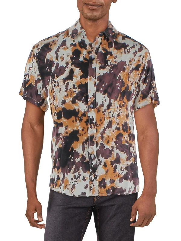 Men's distressed denim - look t - shirts with a rugged appealMens Printed Short Sleeve Button-Down Shirt Men's distressed denim - look t - shirts with a rugged appealMens Printed Short Sleeve Button-Down Shirt