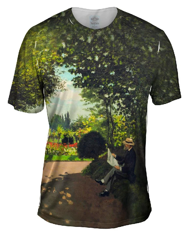 Men's mock - neck t - shirts with a modern and sleek styleMonet -"Reading in the Garden" (1866) Men's mock - neck t - shirts with a modern and sleek styleMonet -"Reading in the Garden" (1866)
