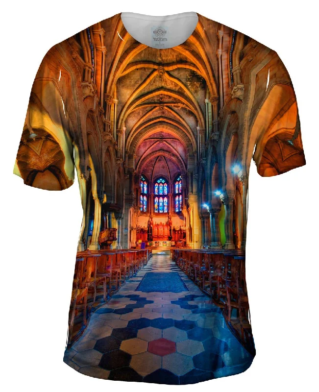 Men's button - front t - shirts with a unique artistic printNimes Church