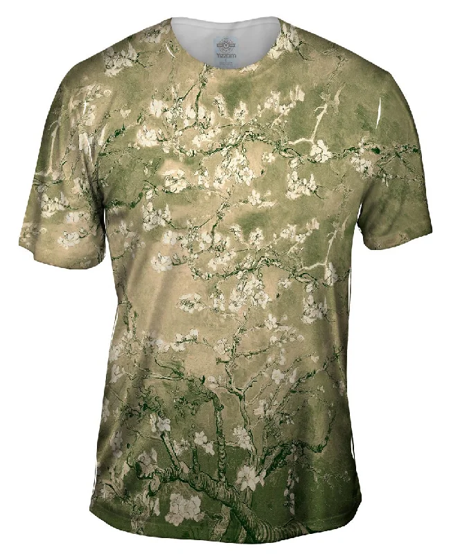 Men's button - front t - shirts with a unique artistic printPop Art - "Van Gogh Blossoming Tan" (1890) Men's button - front t - shirts with a unique artistic printPop Art - "Van Gogh Blossoming Tan" (1890)
