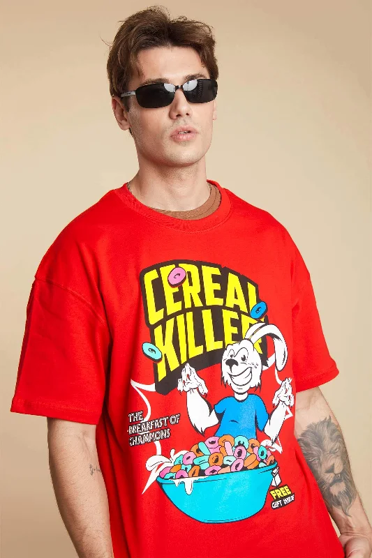 Men's long - sleeve henley t - shirts with button - down placketsRed Cereal Killer Oversized T-shirt