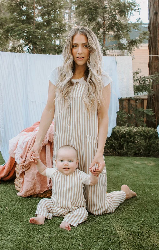 Plus - size maternity overalls for expectant moms​Run Around Jumpsuit ~ Beige Everyday Stripe