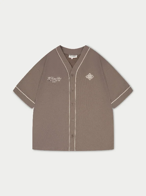 Men's button - front t - shirts with a unique artistic printSCRIPT JERSEY BASEBALL SHIRT - COFFEE