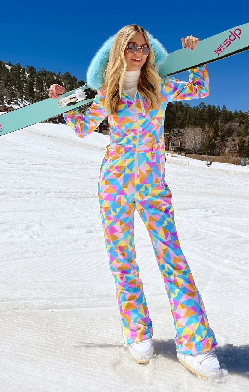 Denim overalls with a high - waisted design​Snow Bunny Ski Suit ~ Triangle Geo