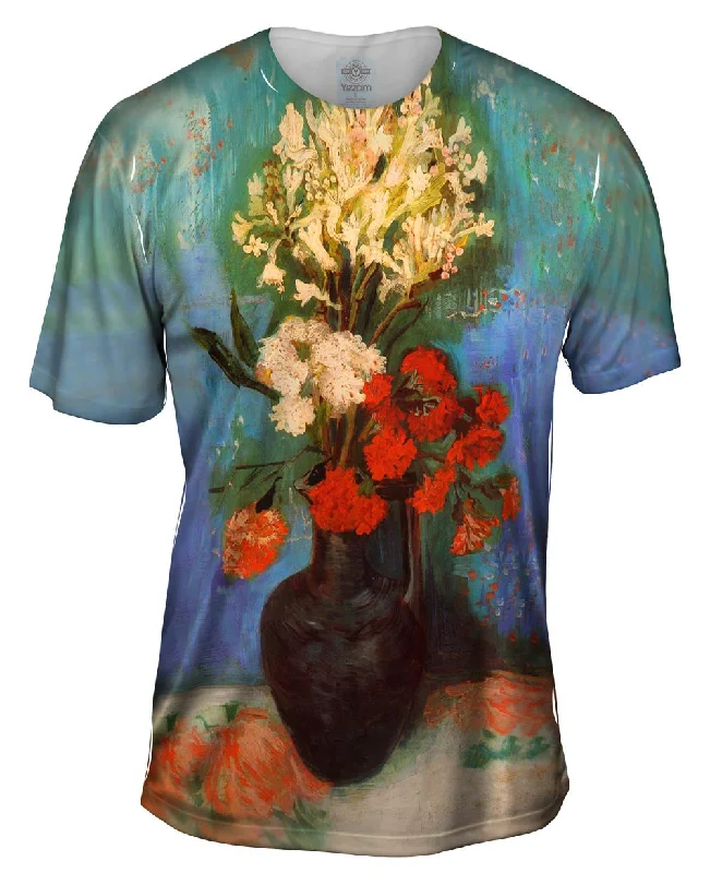 Men's button - front t - shirts with a unique artistic printVan Gogh -"Vase with Carnations" (1886) Men's button - front t - shirts with a unique artistic printVan Gogh -"Vase with Carnations" (1886)
