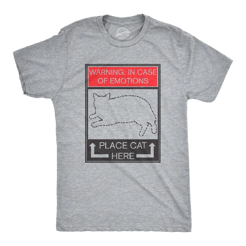 Men's distressed denim - look t - shirts with a rugged appealWARNING: In Case of Emotions, Place Cat Here Men's T Shirt Men's distressed denim - look t - shirts with a rugged appealWARNING: In Case of Emotions, Place Cat Here Men's T Shirt